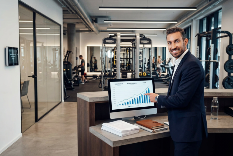 So steigerst du deinen Umsatz als Personaltrainer – mit Oscar Karem Oscar Karem zeigt mit der Hand auf einen Monitor, wo eine positive Umsatzstatistik zu sehen ist. Im Hingergrund ein kleines privates Gym. Links am Rand ein Meeting-Raum.