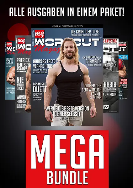 Die letzten 5 Ausgaben des MyWorkout Magazin, abgebildet hintereinander mit grosser Schrift "Mega Bundle"