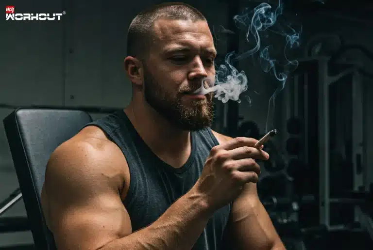 Cannabis & Muskelaufbau - Booster oder Bremsklotz? Cannabis und Muskelaufbau, Mann raucht Cannabis im Gym