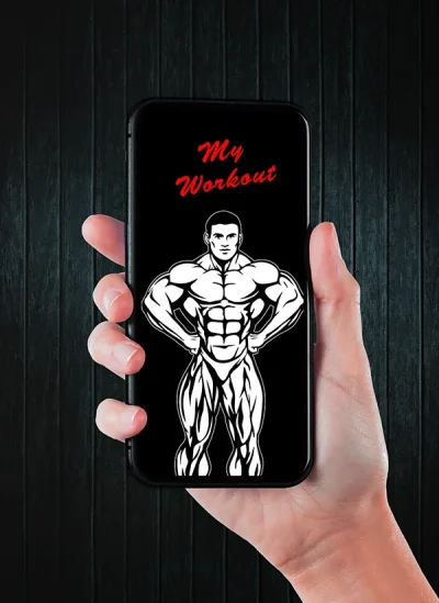 hand mit smartphone, zeigt das smartphone-wallpaper myworkout bodybuilder lat spread front