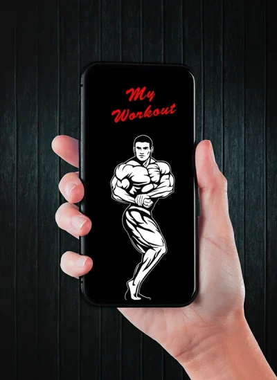hand mit smartphone, zeigt das smartphone-wallpaper myworkout bodybuilder seitliche brustpose