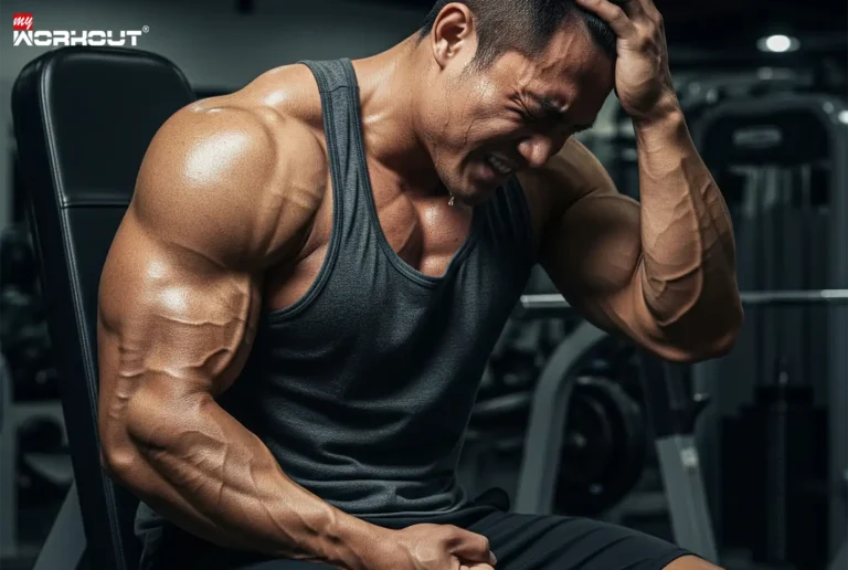 Übertraining und die eigenen Belastungsgrenzen Ein Mann im Fitnesstudio hat Kopfschmerzen und Übertraining