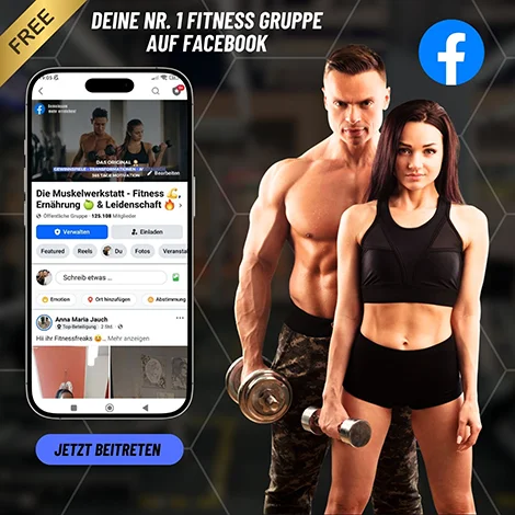 Trainierter Mann und eine trainierte Frau stehen rechts. Links ein Handy, das auf dem Display die Facebook-Gruppe Muskelwerkstatt zeigt.