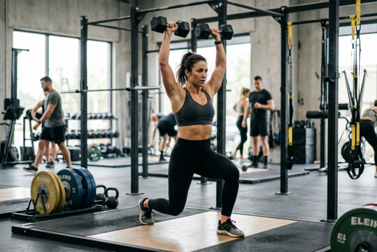 Effektives Training – So wirst du effizient fit! Eine Frau macht in einem Functional Gym Ausfallschritte mit zwei Kurzhanteln. Ihre Arme sind dabei nach oben gestreckt.
